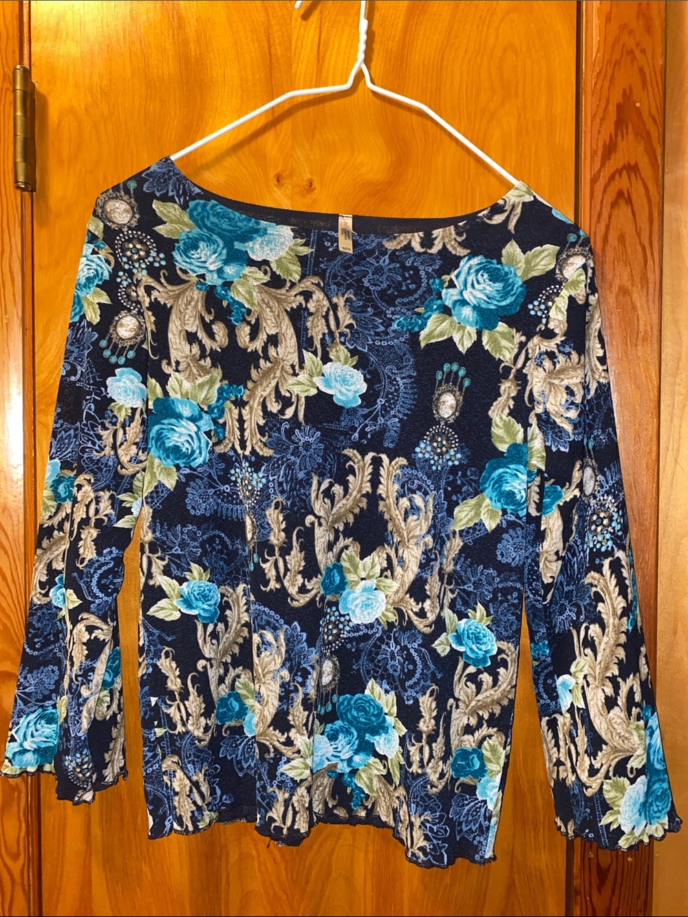 White Stag Navy Floral Long Sleeve Top with Teal and Cream Accents